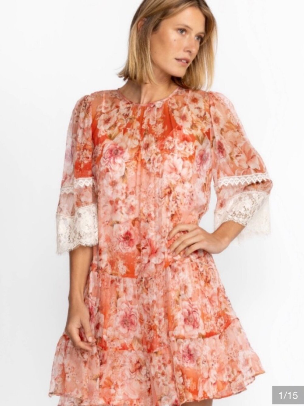 Johnny Was Yours Truly Silk Mini Dress NWT Coral Floral Lace Sleeves — Size S